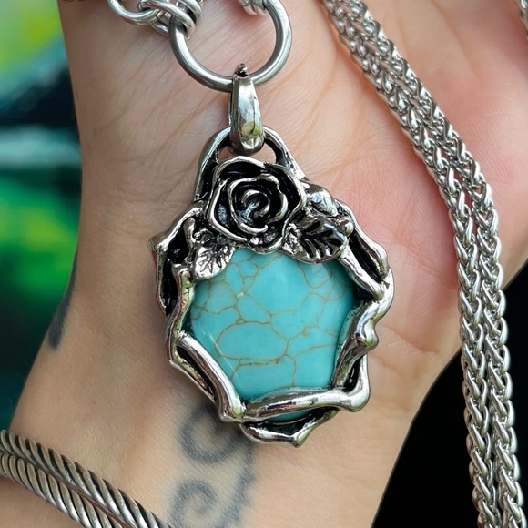Stainless steel necklace double chain blue green turquoise stone rose charm boho - Picture 8 of 11